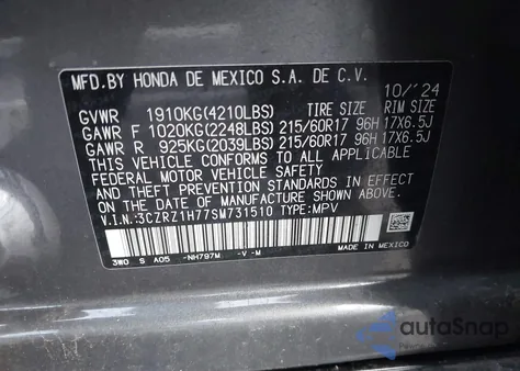 2025 Honda Hr-V 2Wd Ex-L from USA, damaged, VIN 3CZRZ1H77SM731510